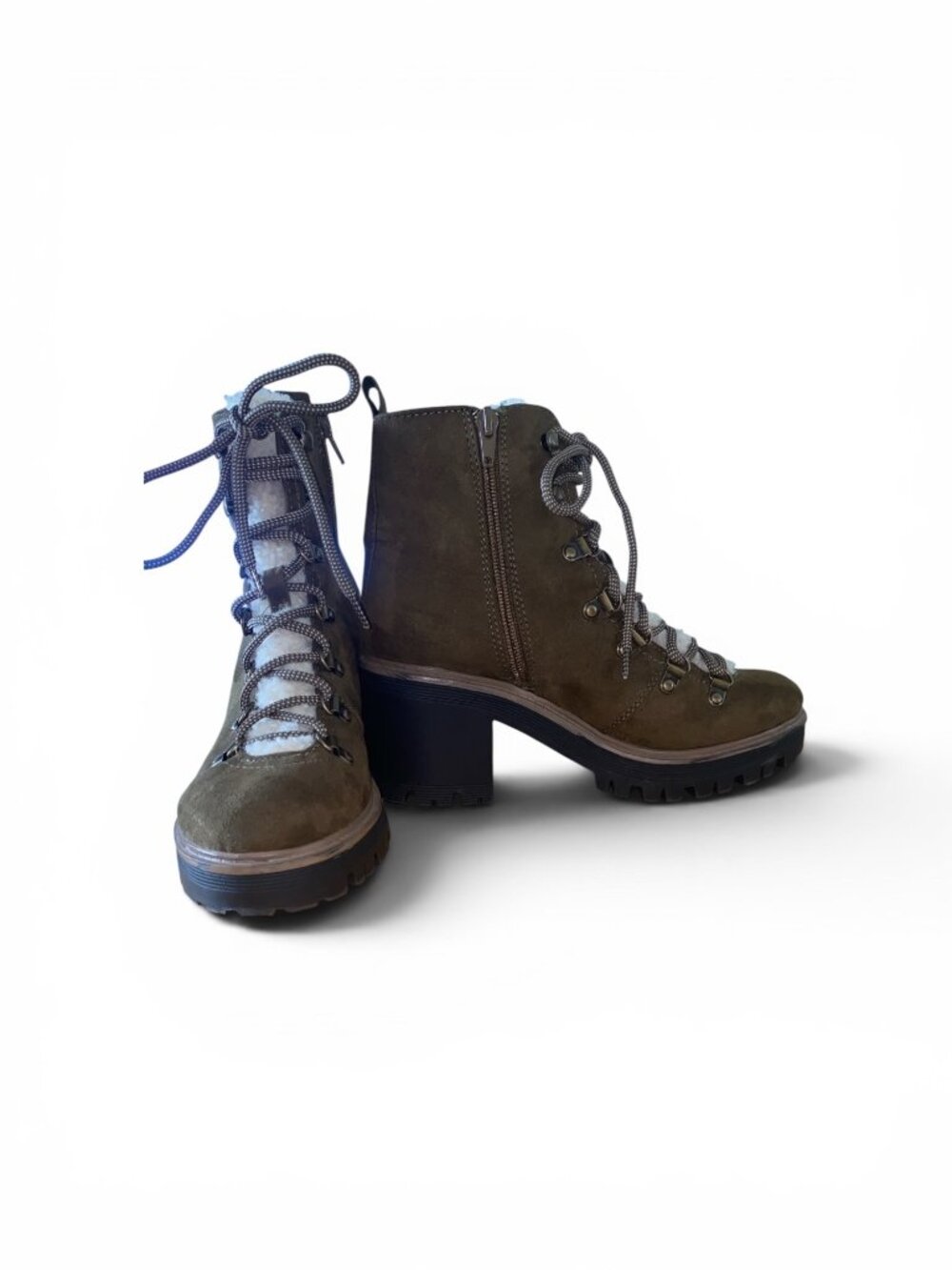 Espirit Ladies Flynn Vegan Lace-Up Boots Chunky 3” Heel Size 6.5M Olive Green